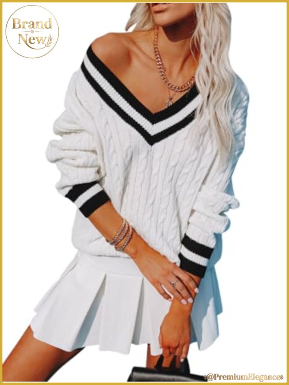 Women's V-Neck Oversized Chunky Cable Knit Pullover Sweater Long Sleeve Striped